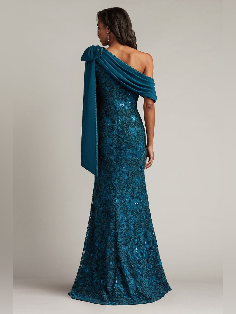 NEW Tadashi Shoji Beaded Floral One-Shoulder Gown In Cerulean Dress Size 10 - Picture 6 of 13